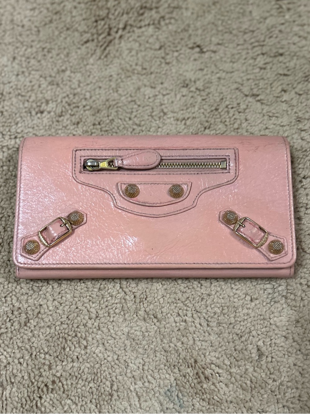 Balenciaga City Continental Pink Leather Wallet Clutch w/ Gold Hardware & Dusty